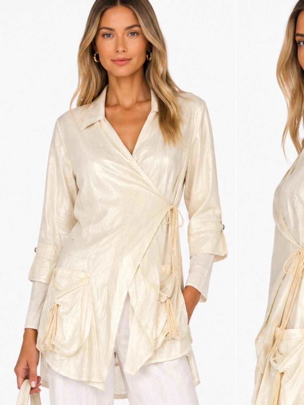 Beate Heymann Street Couture Metallic Layered Wrap Tunic Top Size 8